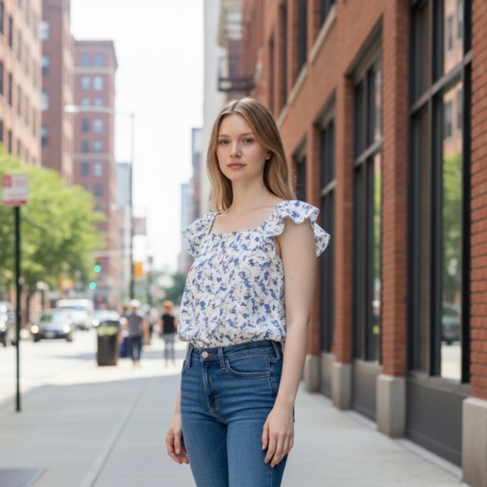 A New Day Blue and Cream Floral Blouse